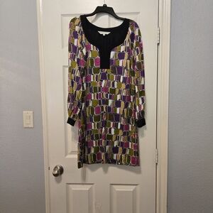 Trina Turk Purple Olive Black Geometric Print Midi Dress